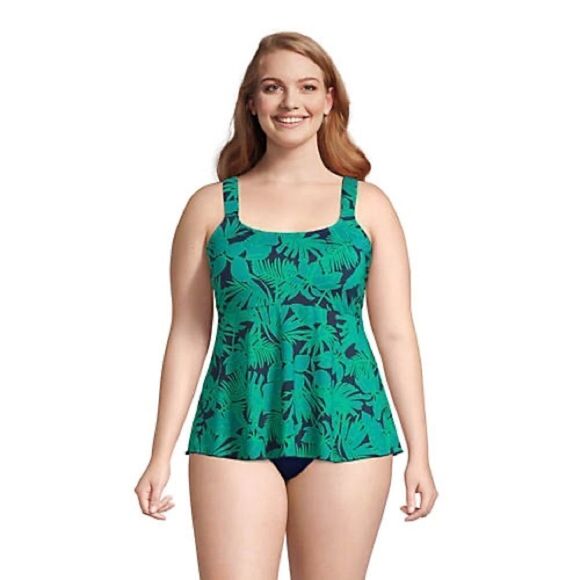 Land’s End Plus flutter Tankini Top soft cup Ombre' green navy Palm print 2X - Picture 3 of 8
